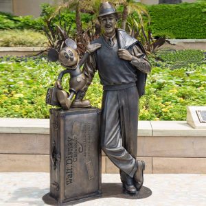 Bronze statue of a middle-aged man wearing a hat on the street in an outdoor park
