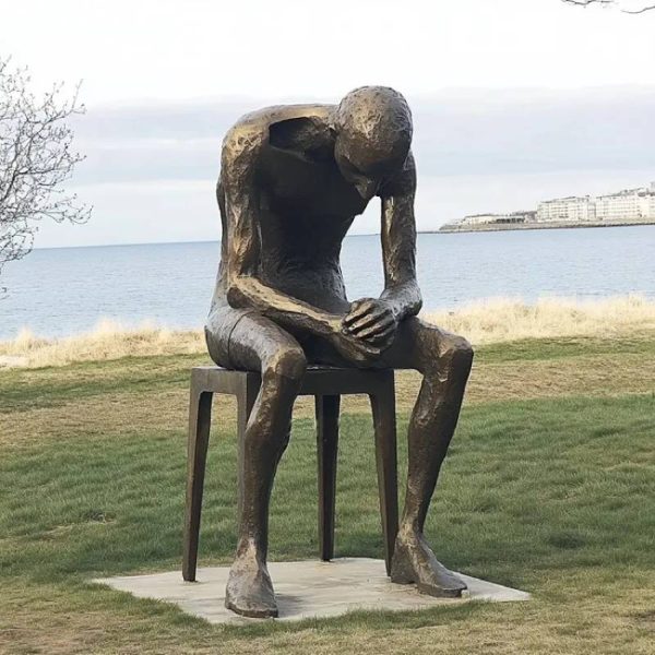 park outdoor grass hesitation man sitting bench bronze statue - Image 4