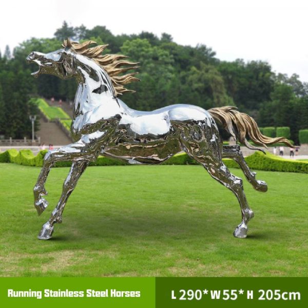 Outdoor modern large size Silver stainless steel horse sculpture on park lawn