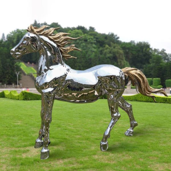Outdoor modern large size Silver stainless steel horse sculpture on park lawn - Image 3