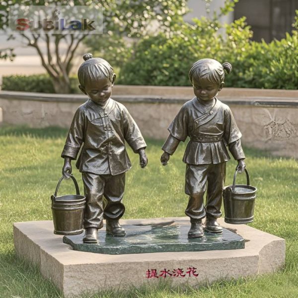 Custom Outdoor Park School Children Carrying Buckets Bronze Statue - Image 4