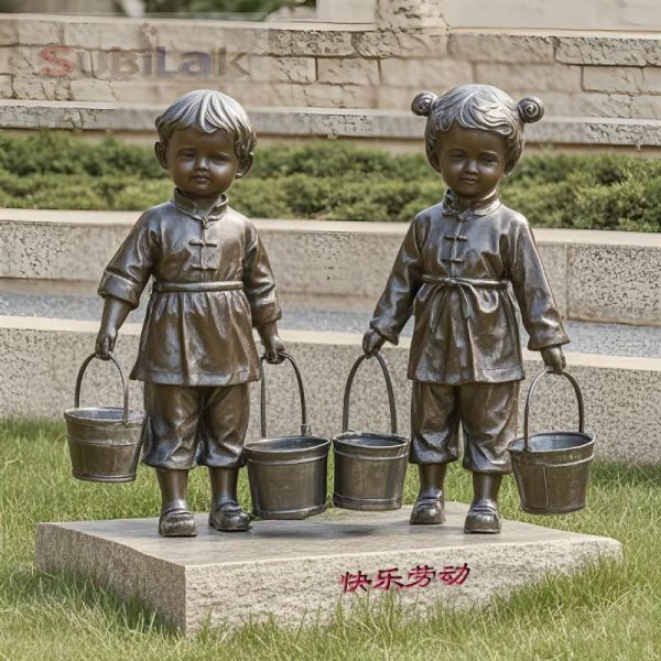 Custom Outdoor Park School Children Carrying Buckets Bronze Statue - Image 3