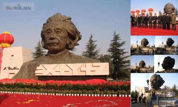 Large bronze statue of Einstein's head in the park outdoor square - Image 6
