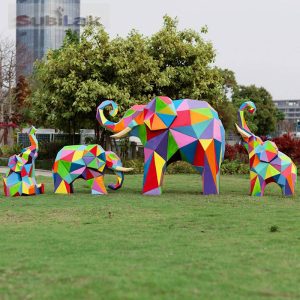 Outdoor park different colors geometric shapes fiberglass sculptures