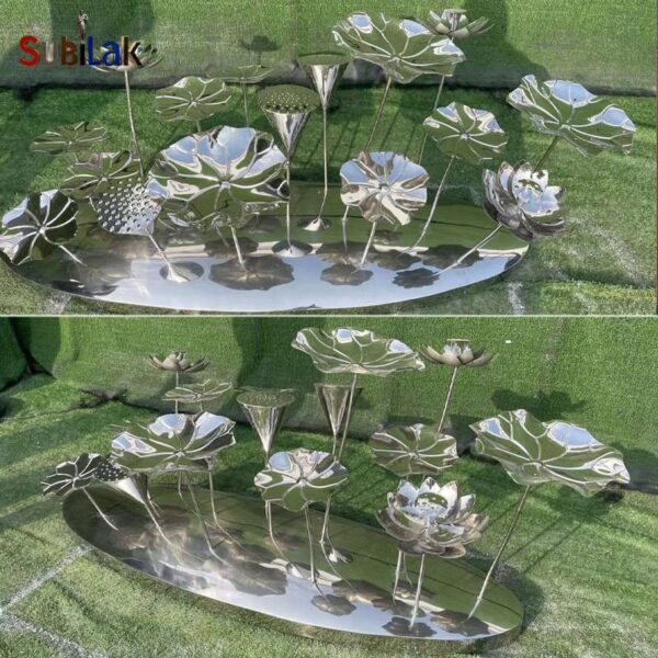 Lotus art installation in stainless steel in outdoor courtyard - Image 3