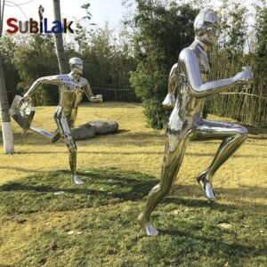 Outdoor park grass stainless steel sports running figure sculpture