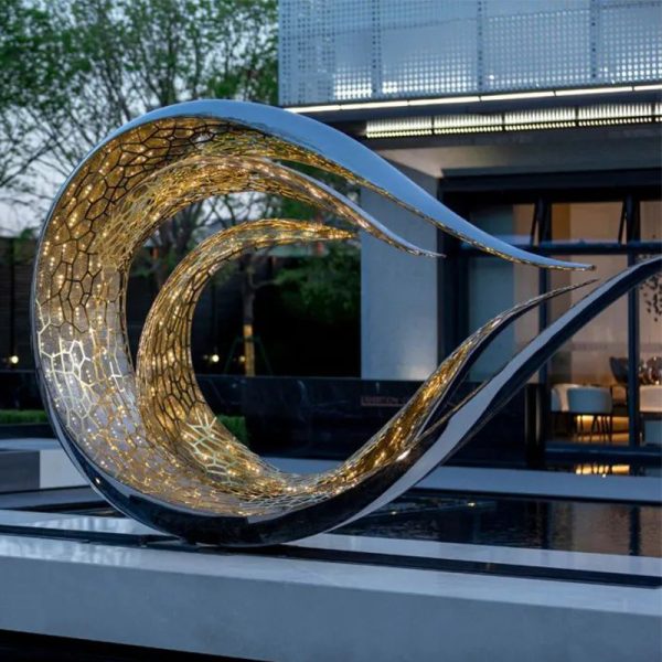 Outdoor park real estate garden landscape stainless steel mirror abstract wave sculpture - Image 2