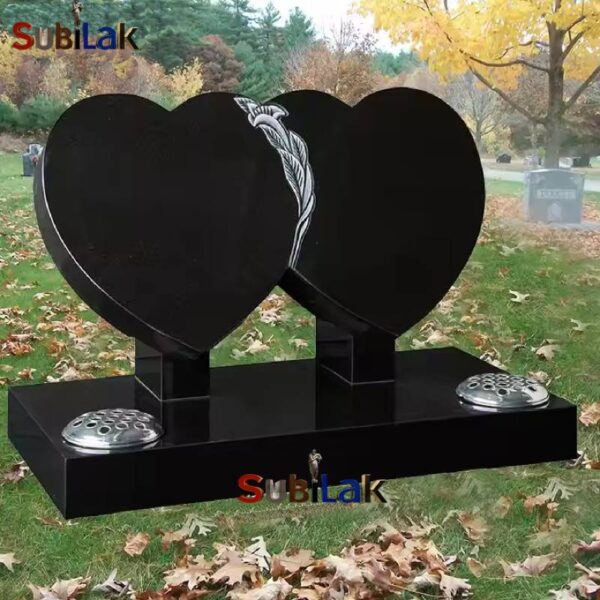 Hand Carved Modern Outdoor Memorial Black Granite Single Heart Headstone - Image 2