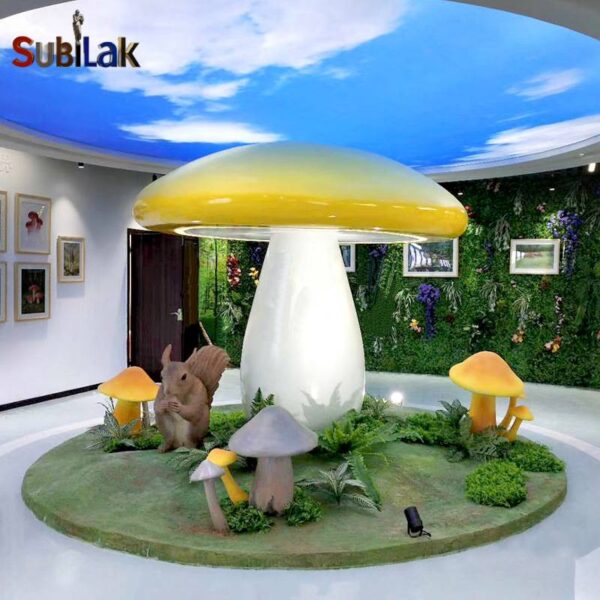 Giant fiberglass mushroom sculpture in outdoor park and indoor