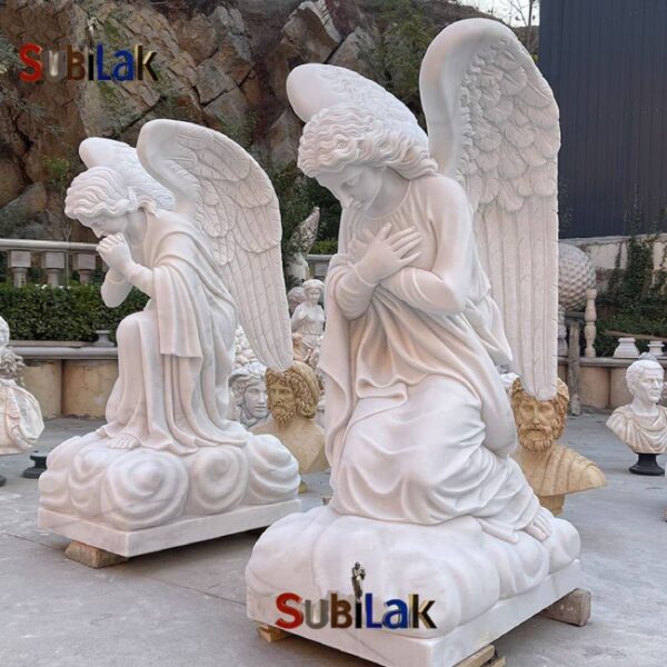 European Garden Stone White Marble Sad Angel Statue Tombstone - Image 4