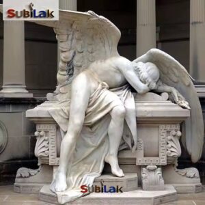 European Garden Stone White Marble Sad Angel Statue Tombstone