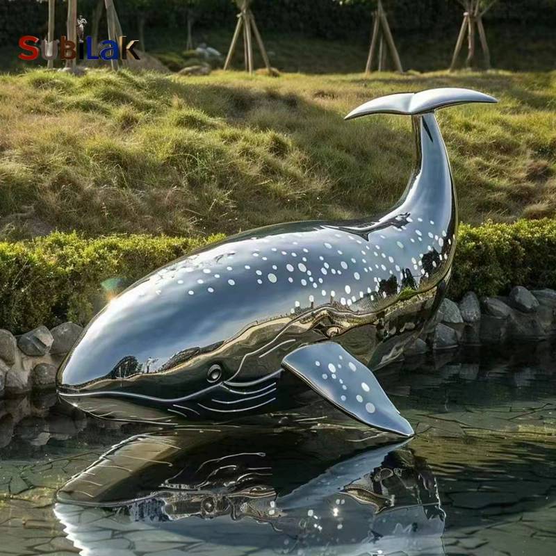 Outdoor stainless steel whale sculpture in the park - Image 3