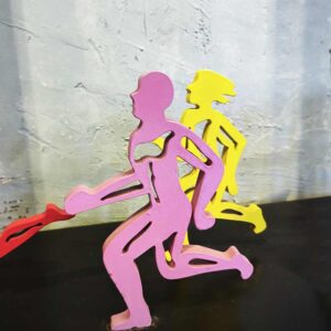 Dynamic Stainless Steel Running Sculpture: Vibrant Artwork Celebrating Motion & Teamwork