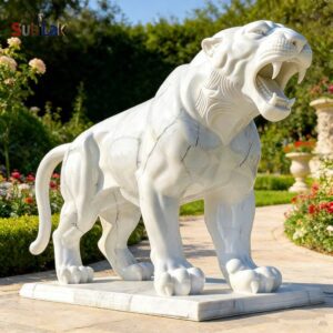 Outdoor Hand Carved Life Size Garden Animal Beige Marble Tiger Statue Sculpture